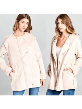 Ellison ELLA Faux Suede Fur lined Double Breasted Zip Coat Pink Size Large